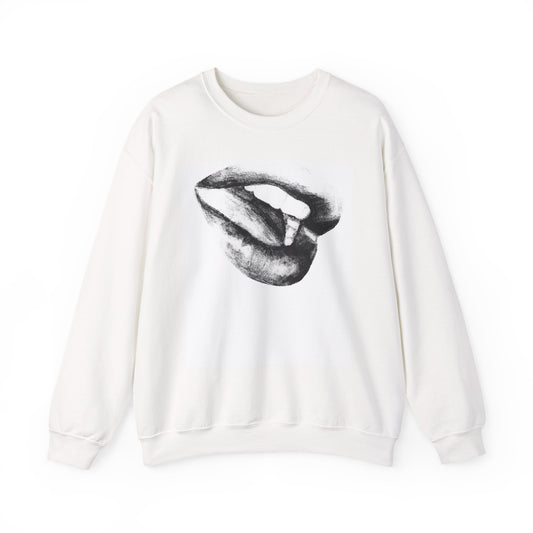 Crewneck Sweatshirt with Black and White Lips Pencil Drawing