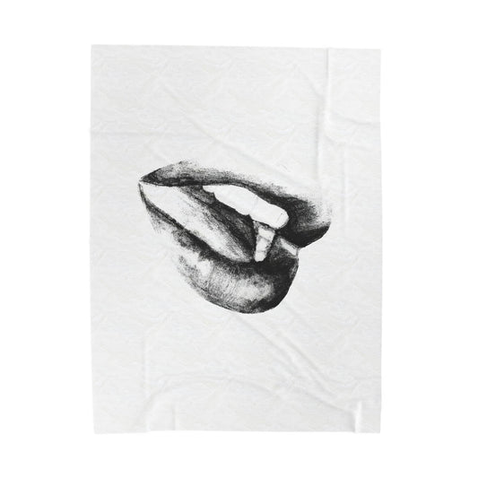 Plush Blanket - Bold and Sensual Lips Illustration in Black and White