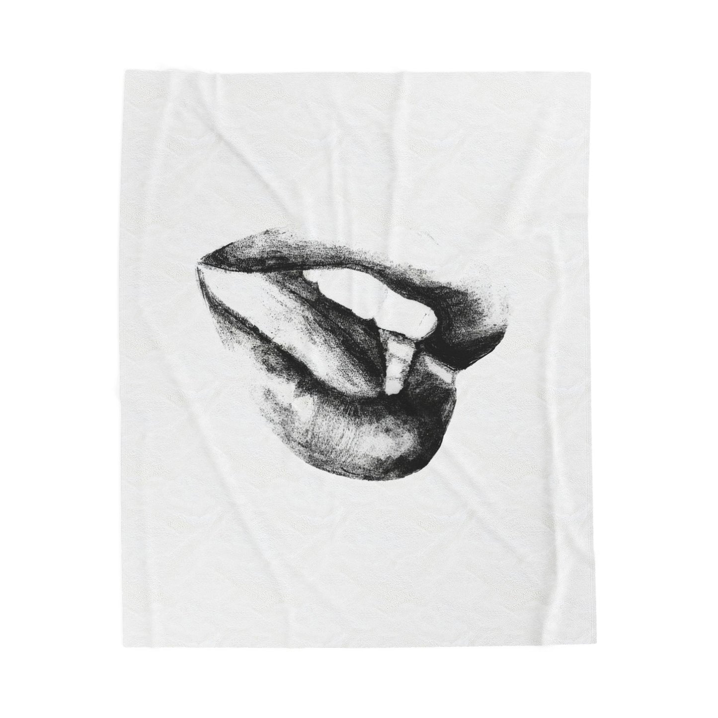 Plush Blanket - Bold and Sensual Lips Illustration in Black and White