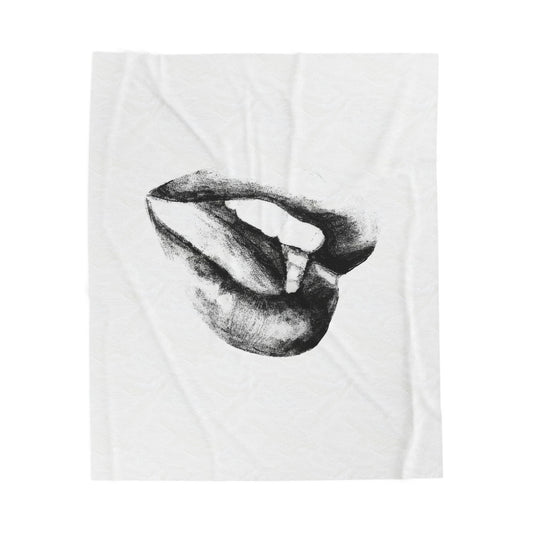 Plush Blanket - Bold and Sensual Lips Illustration in Black and White