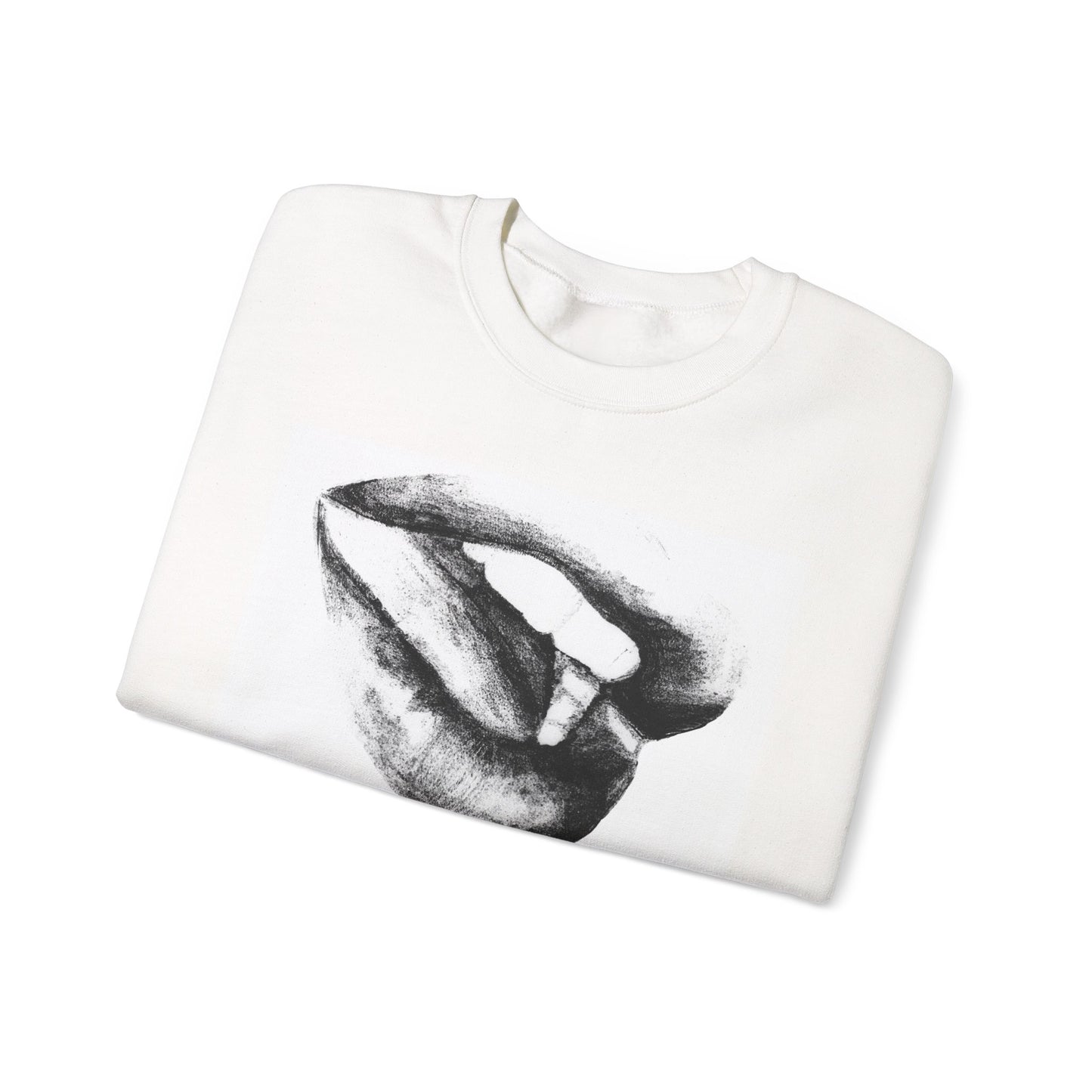 Crewneck Sweatshirt with Black and White Lips Pencil Drawing