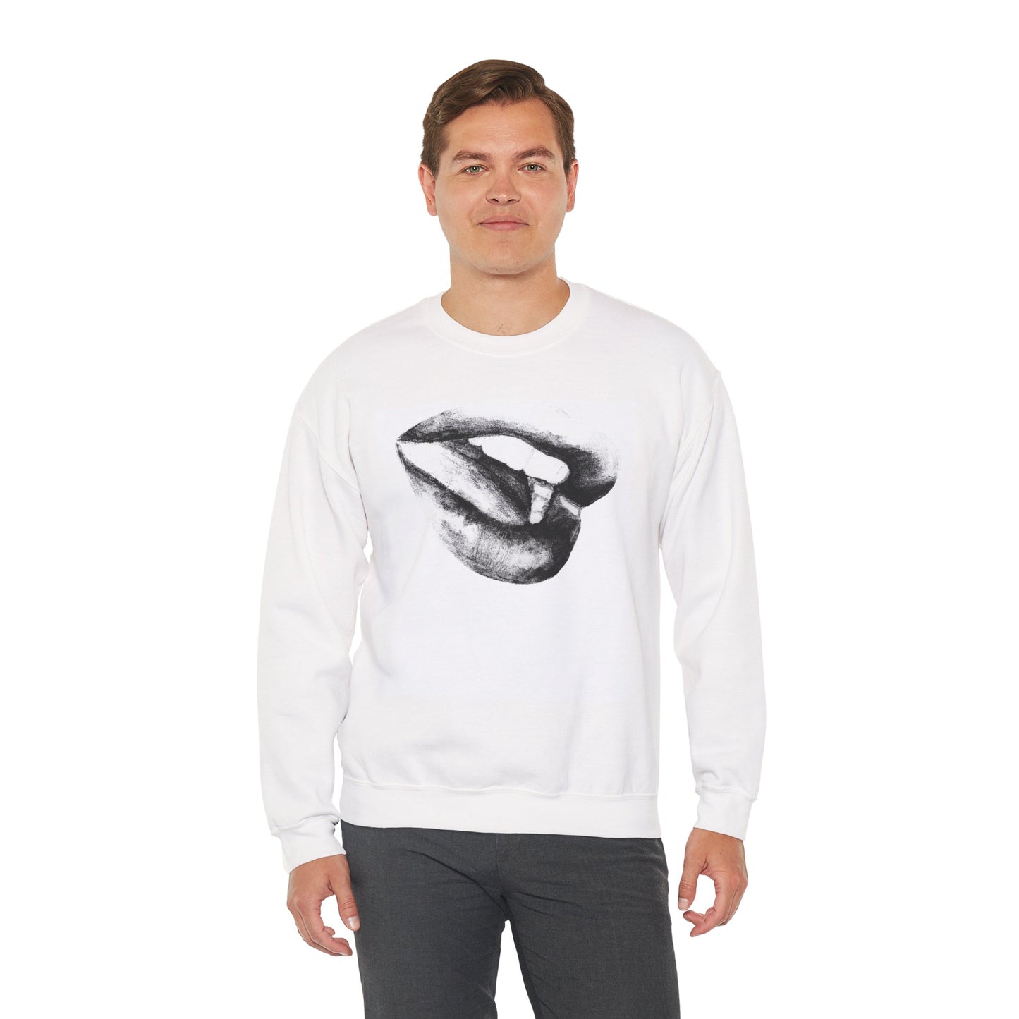 Crewneck Sweatshirt with Black and White Lips Pencil Drawing