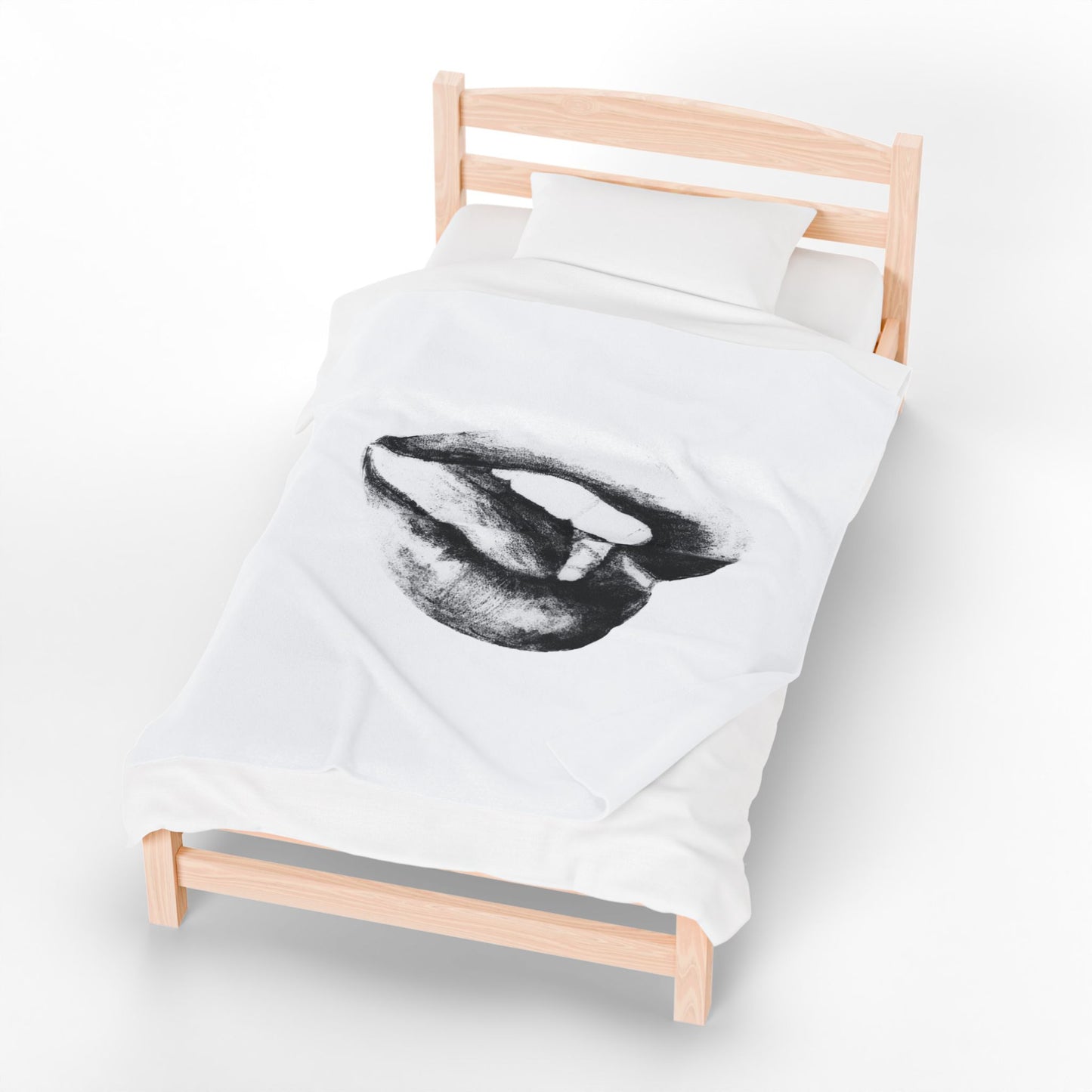 Plush Blanket - Bold and Sensual Lips Illustration in Black and White