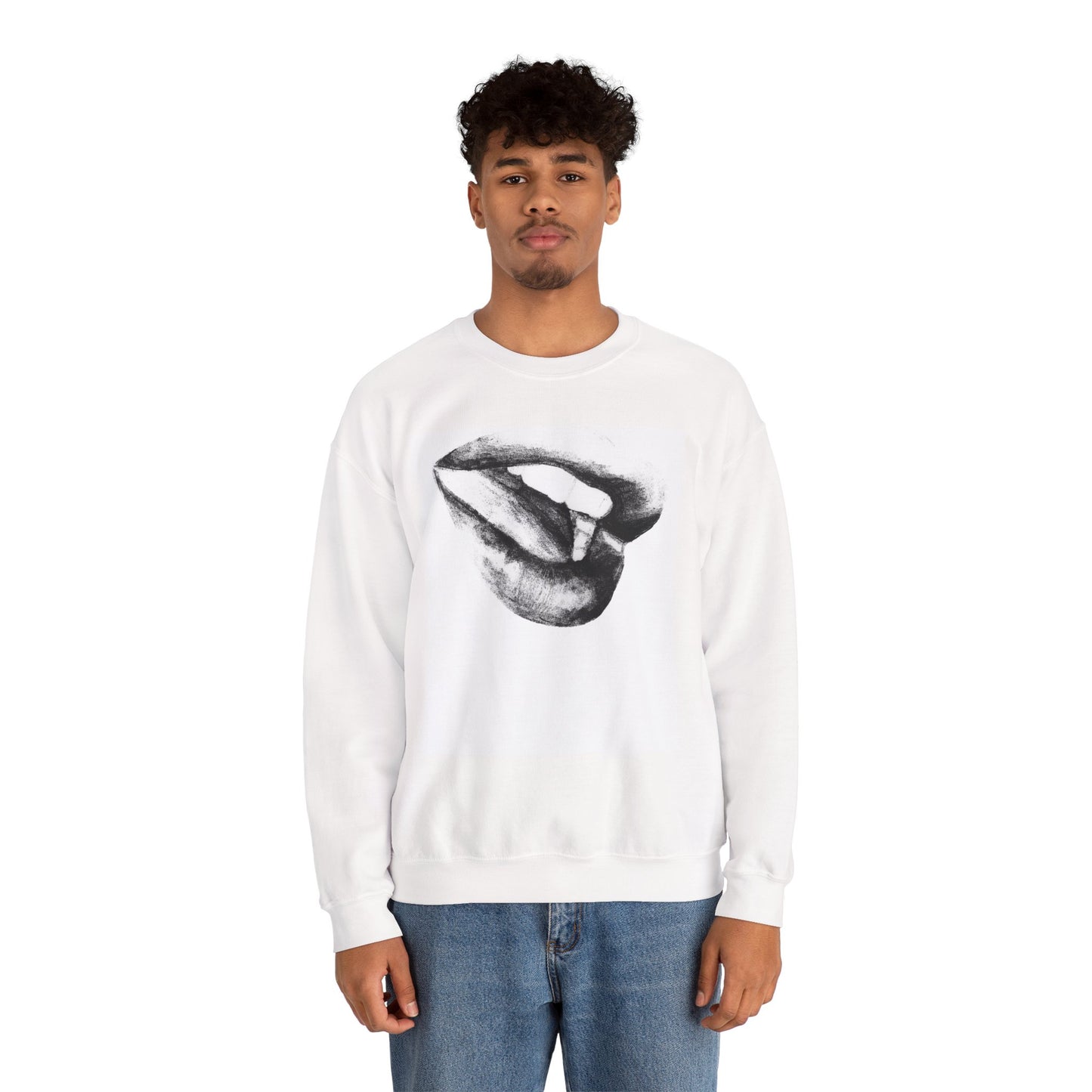 Crewneck Sweatshirt with Black and White Lips Pencil Drawing