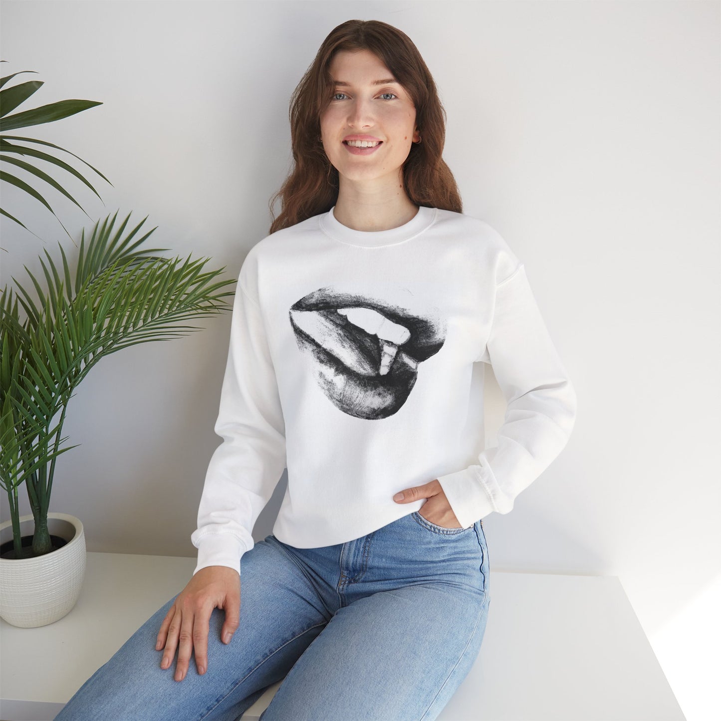 Crewneck Sweatshirt with Black and White Lips Pencil Drawing