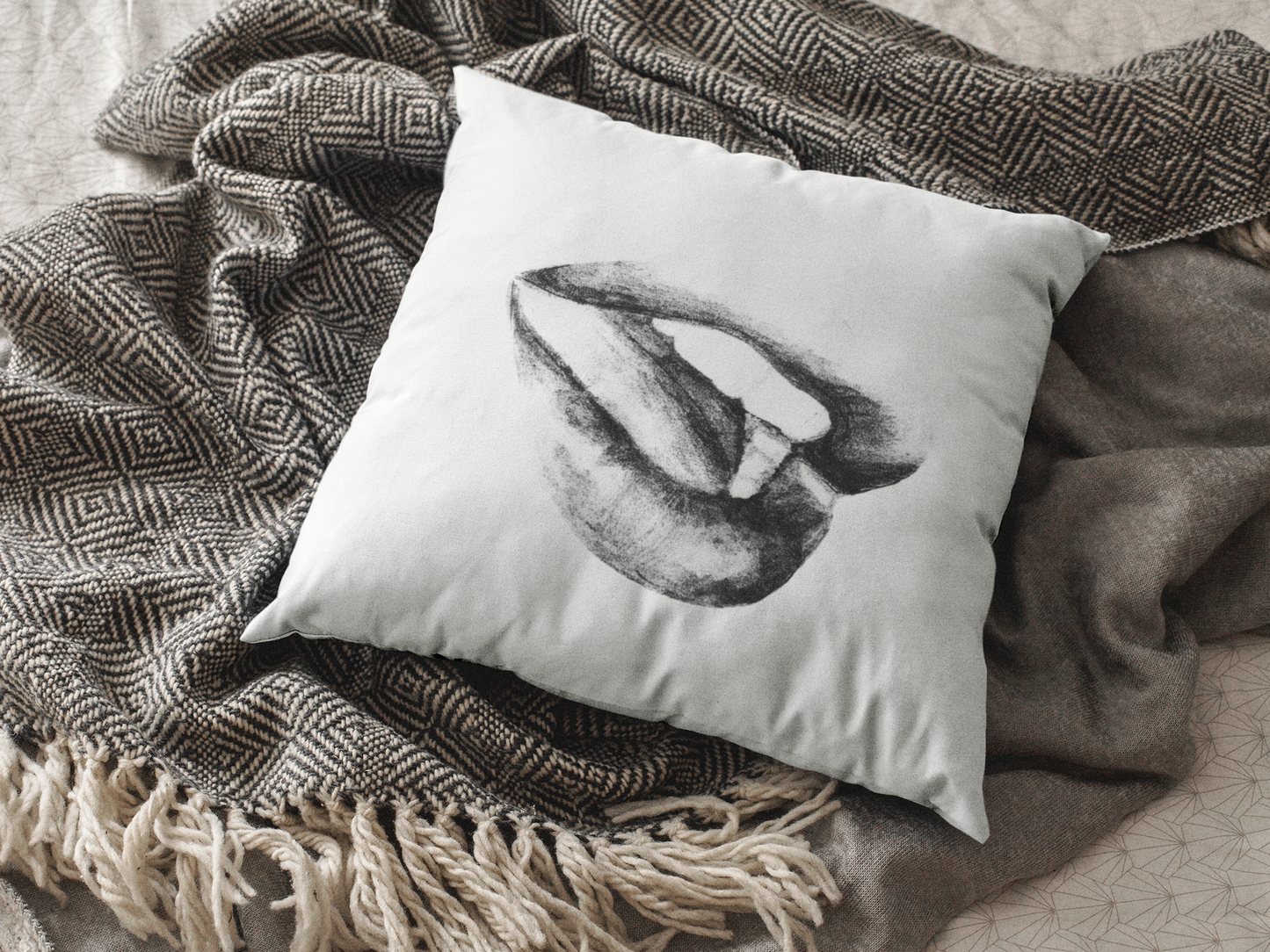 Square Pillow - Black and White Lushous Lips Pencil Drawing Design