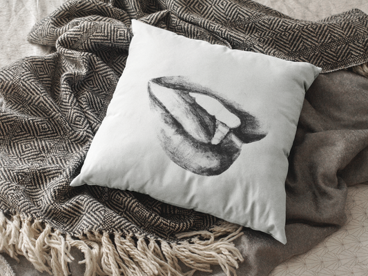 Square Pillow - Black and White Lushous Lips Pencil Drawing Design