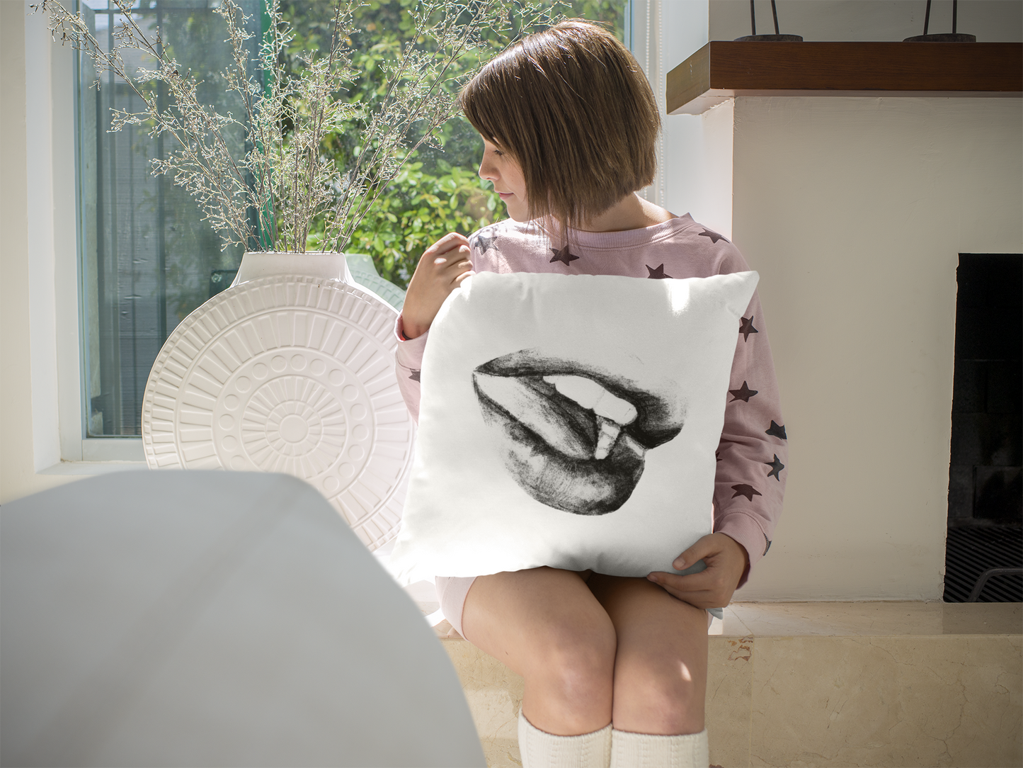 Square Pillow - Black and White Lushous Lips Pencil Drawing Design