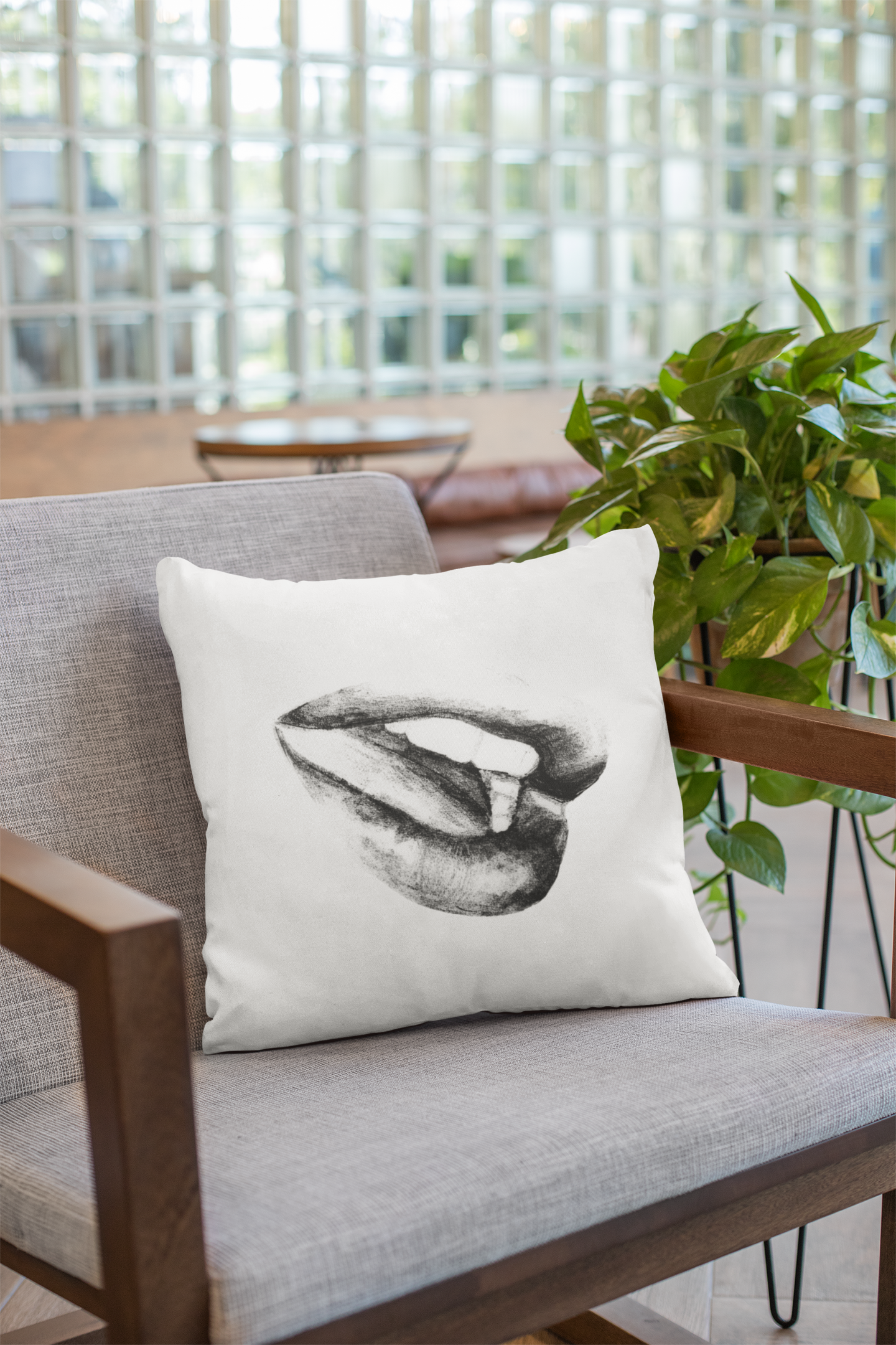 Square Pillow - Black and White Lushous Lips Pencil Drawing Design
