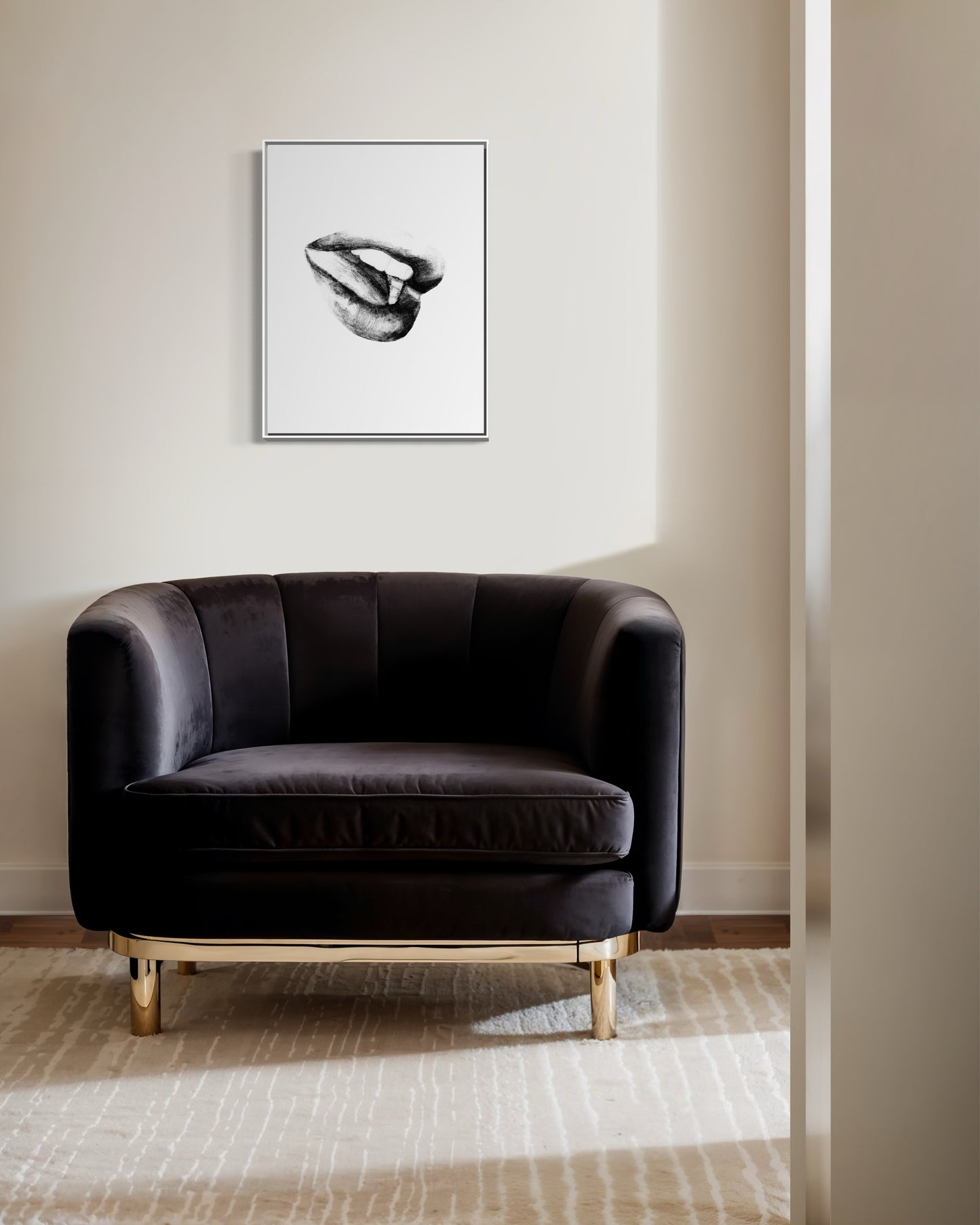 Minimalist Black & White Lips Art Print — Modern Sensual Wall Poster