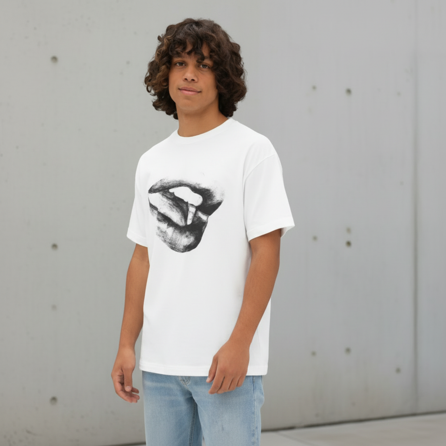 Hand-Drawn Black & White Lips Oversized Unisex T-Shirt