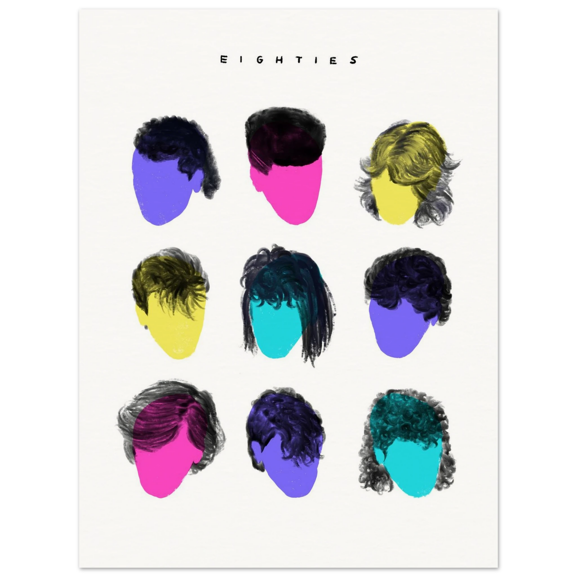 EIGHTIES minimalist typographic art print in a sleek black aluminum frame. 3x3 grid featuring nine colorful silhouettes of iconic 1980s hairstyles in a modern studio interior by Vaykay-Idanshani.