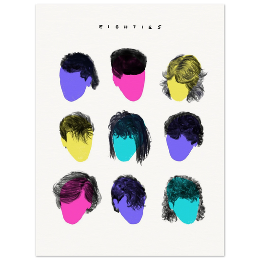 EIGHTIES minimalist typographic art print in a sleek black aluminum frame. 3x3 grid featuring nine colorful silhouettes of iconic 1980s hairstyles in a modern studio interior by Vaykay-Idanshani.