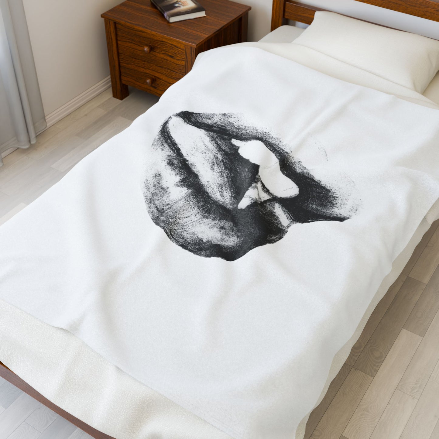 Plush Blanket - Bold and Sensual Lips Illustration in Black and White