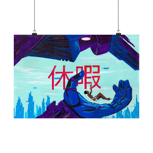 Matte Horizontal Poster--- Retro Futuristic Robot Hand with Japanese "休暇" (Vacation) Art