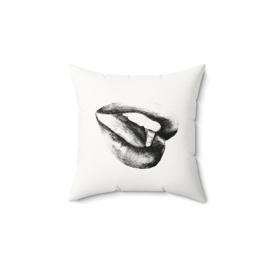 Square Pillow - Black and White Lushous Lips Pencil Drawing Design