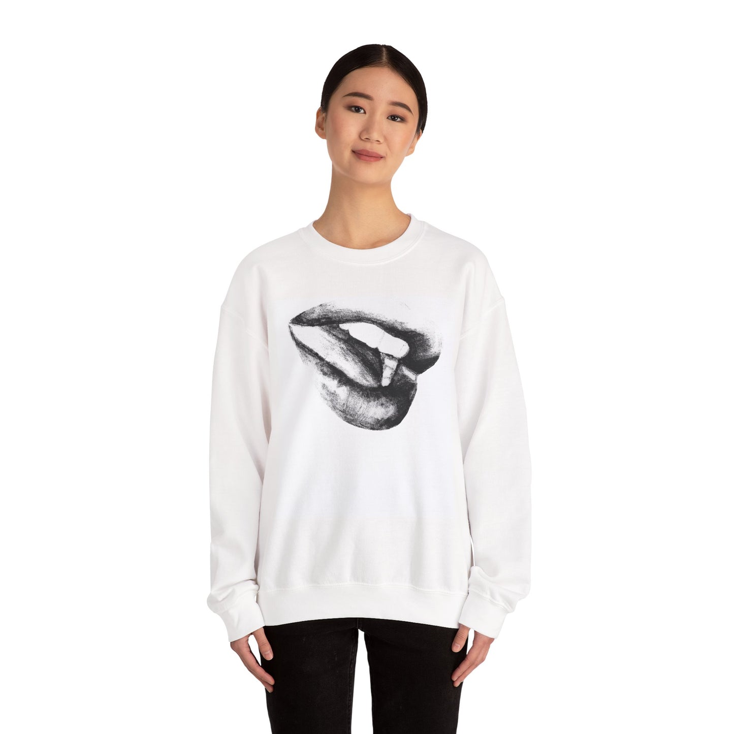 Crewneck Sweatshirt with Black and White Lips Pencil Drawing