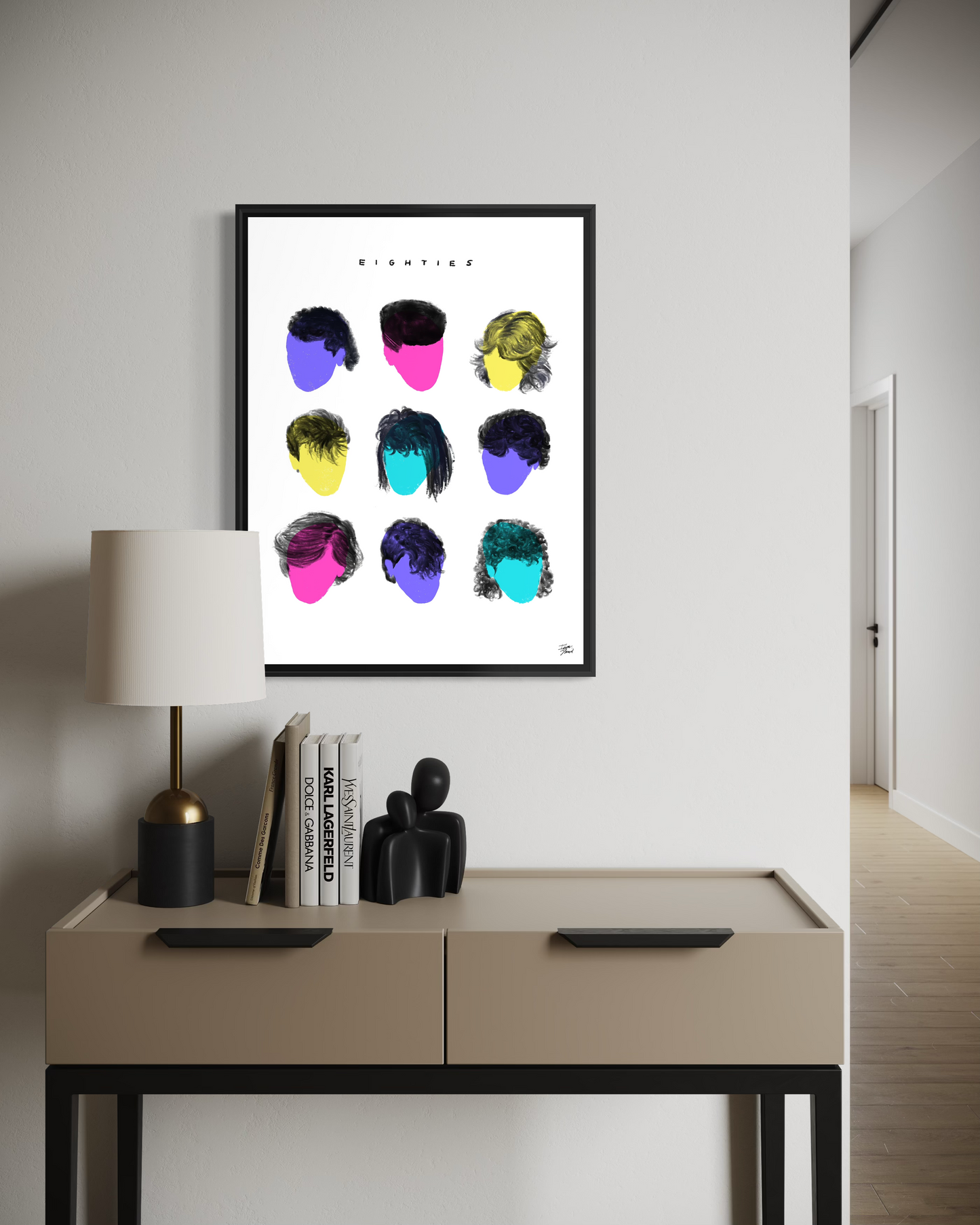 Modern framed art featuring a vibrant 3x3 grid of colorful 1980s hair geometry. The museum-grade print is hanging on a textured white wall above a simple white shelf with a clear vase holding a single monstera leaf.
