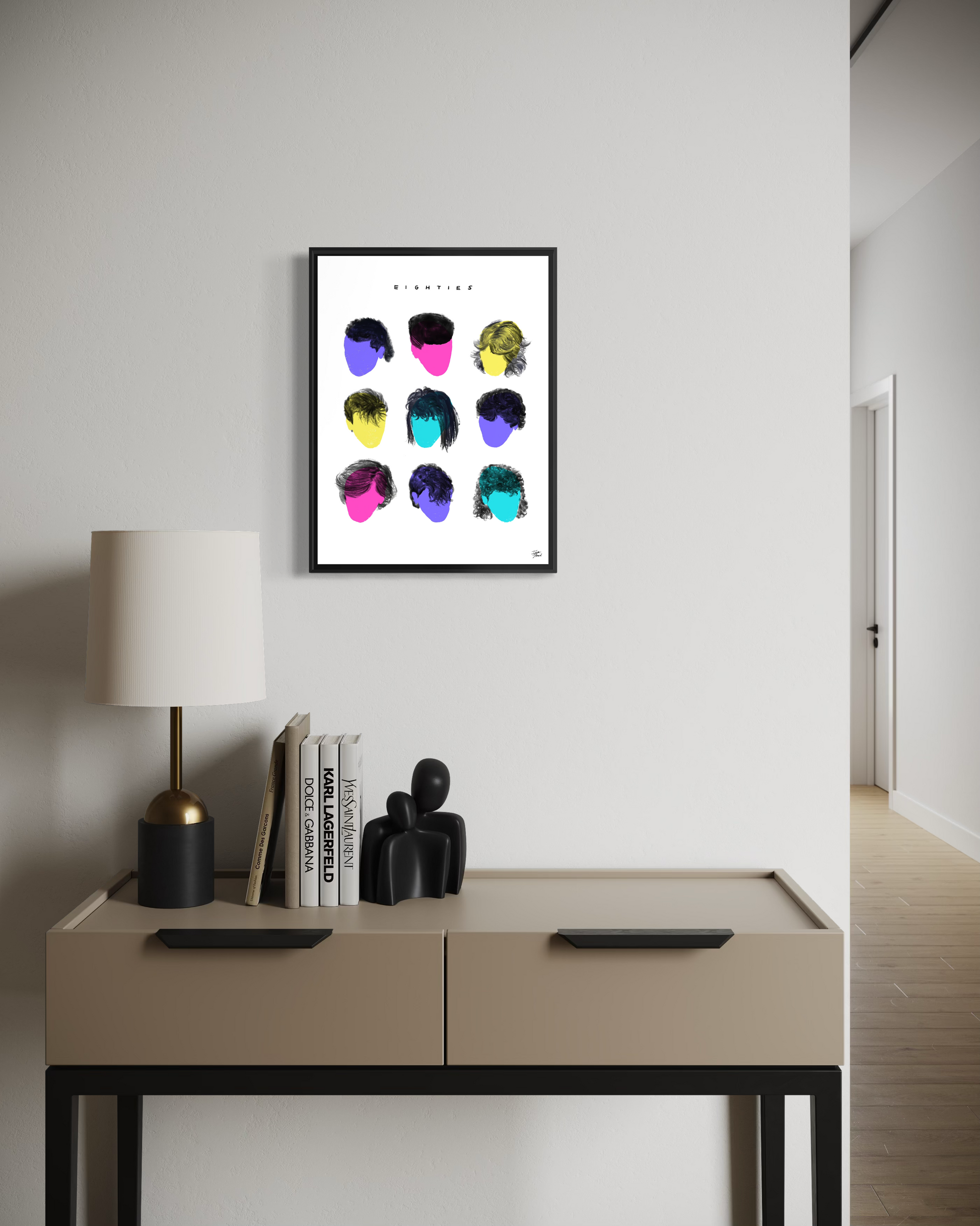 Modern framed art featuring a vibrant 3x3 grid of colorful 1980s hair geometry. The museum-grade print is hanging on a textured white wall above a simple white shelf with a clear vase holding a single monstera leaf.